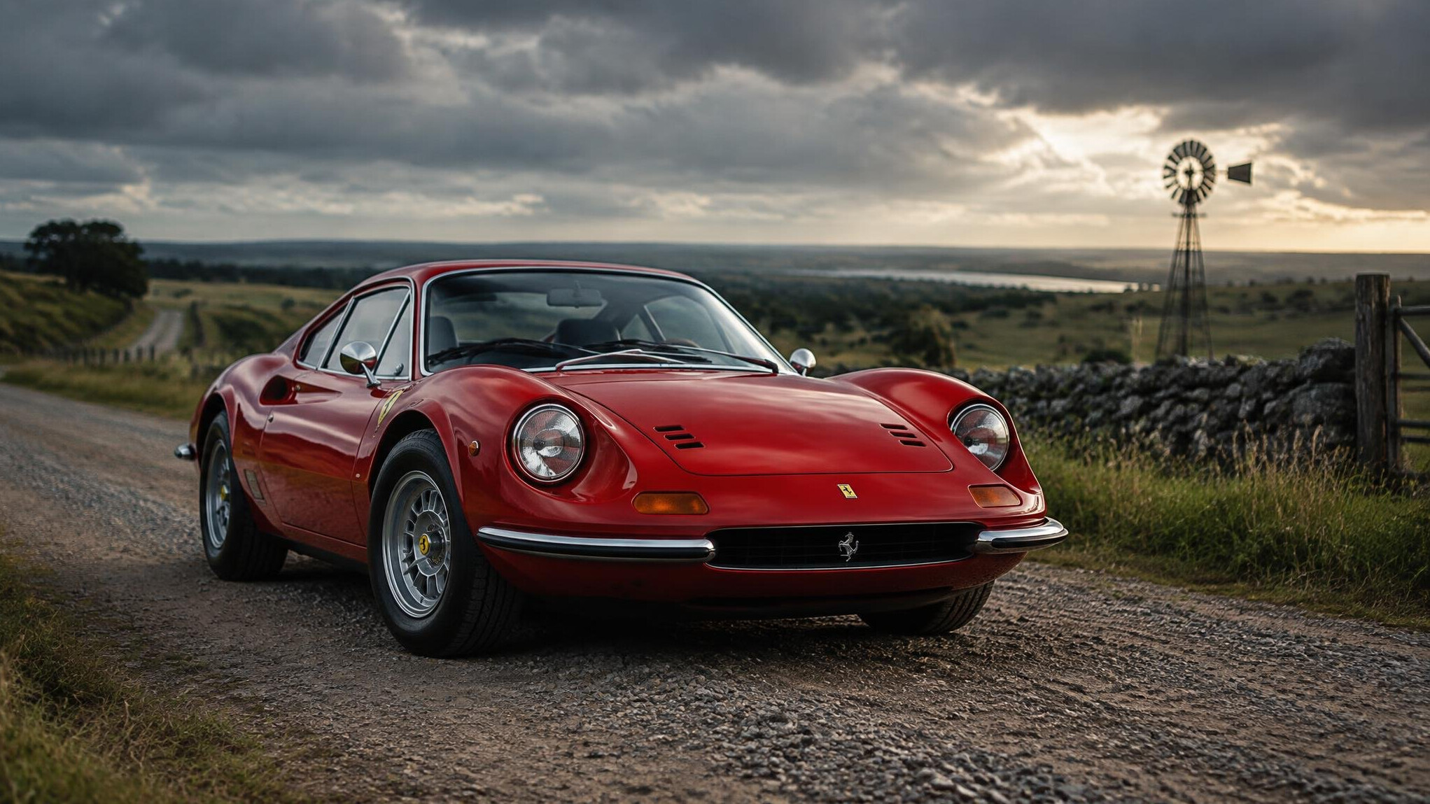Red vintage Ferrari parked on a rural Uruguayan road