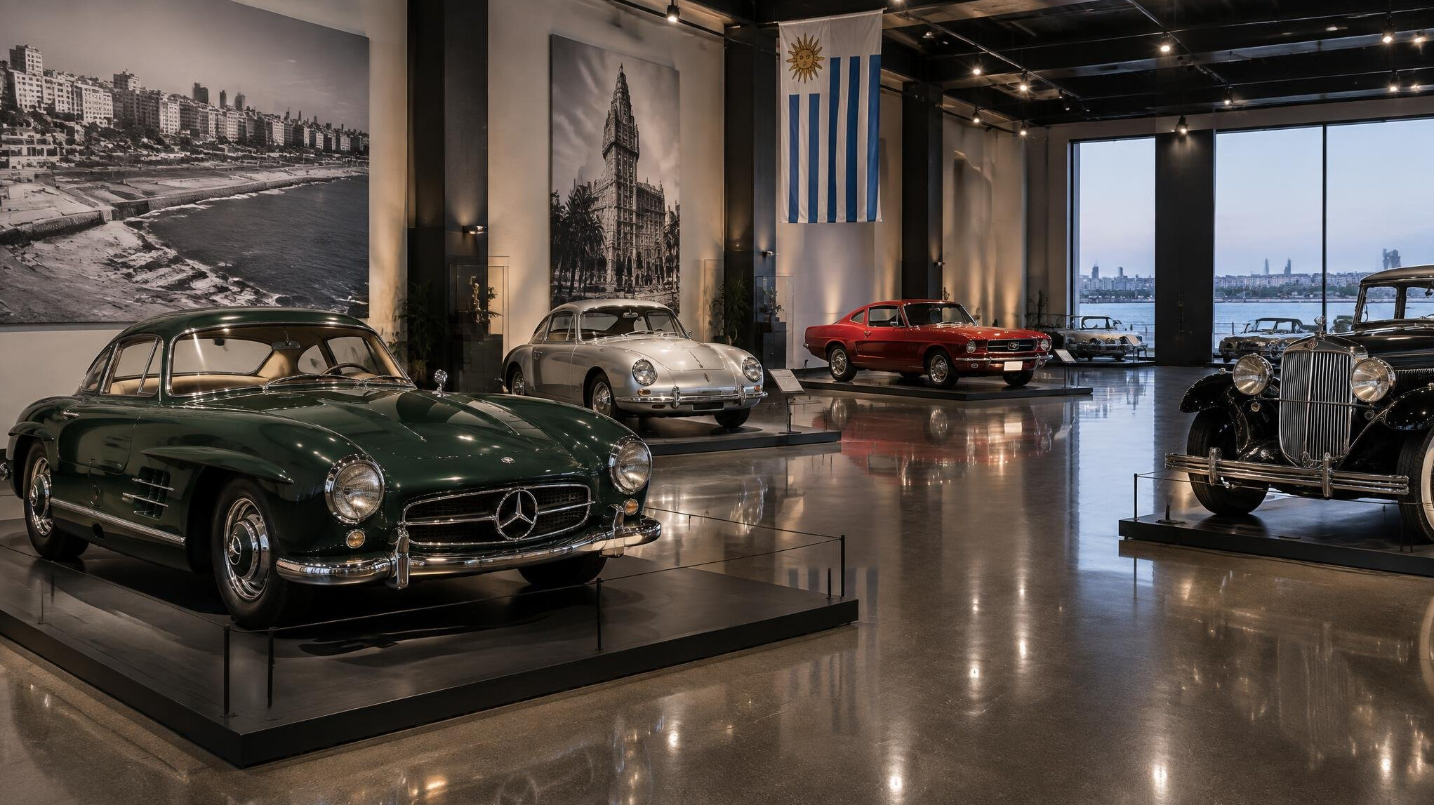 Elegant exhibition hall displaying rows of classic automobiles