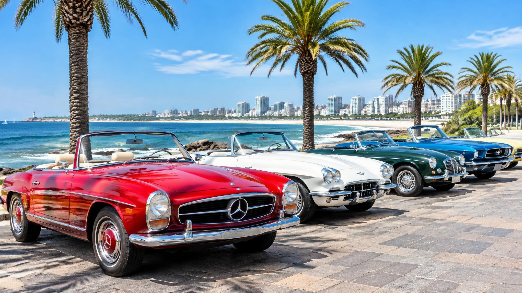 Row of classic convertibles parked along a Punta del Este beach promenade