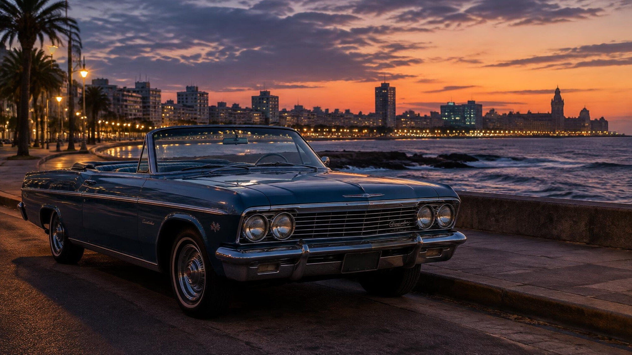 Classic convertible car parked along the Rambla of Montevideo at dusk