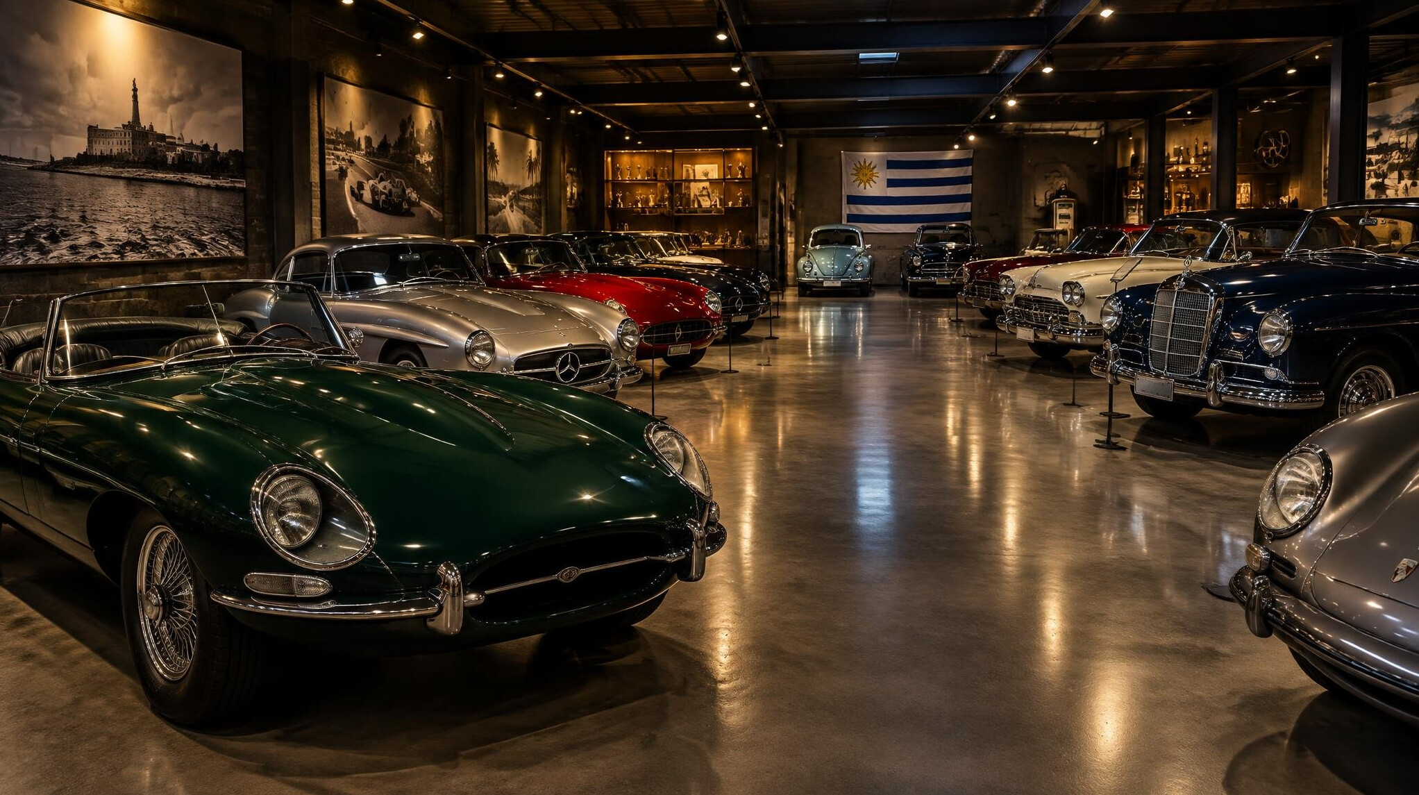 Private collection garage with rows of classic and vintage automobiles