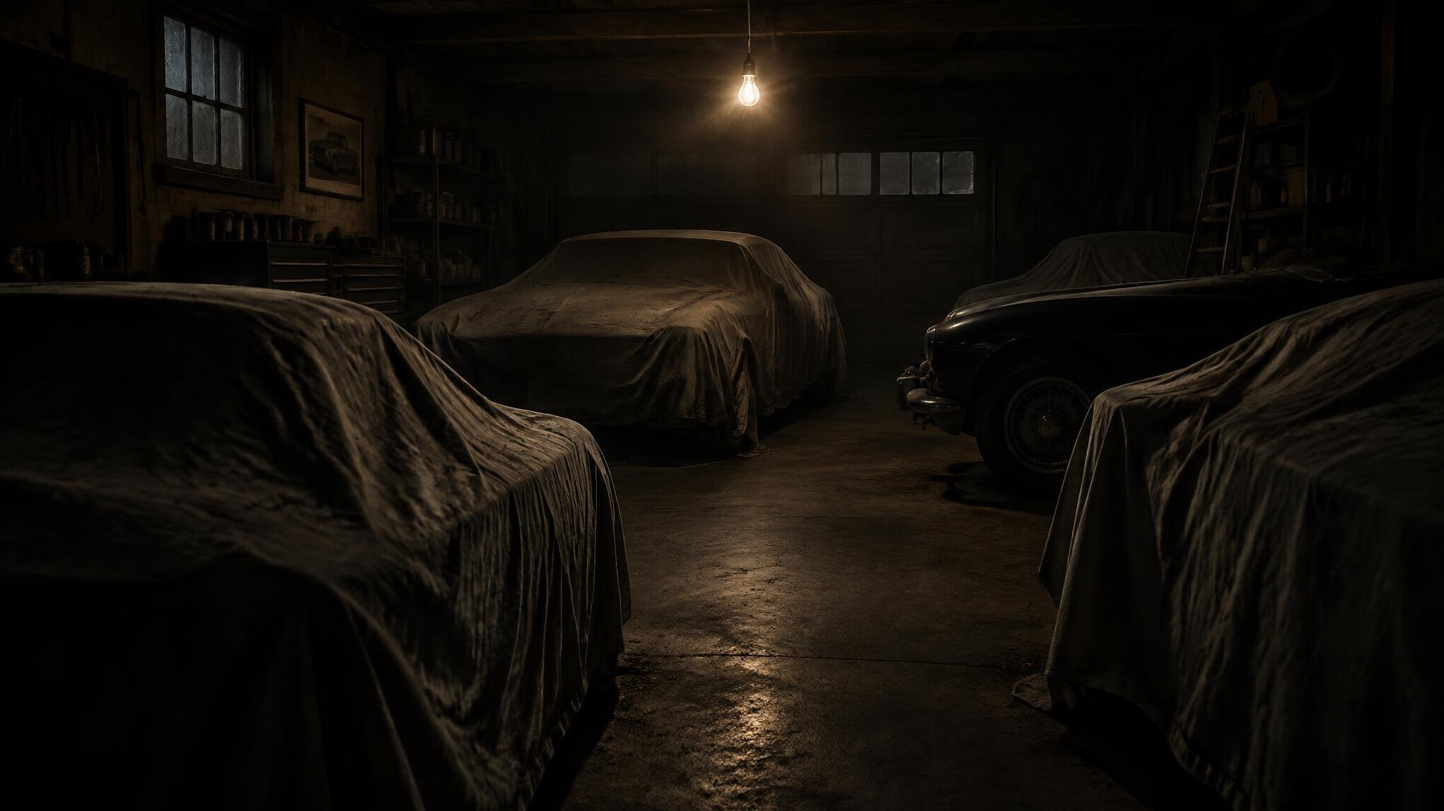 Dimly lit private garage with automobiles covered by protective cloths