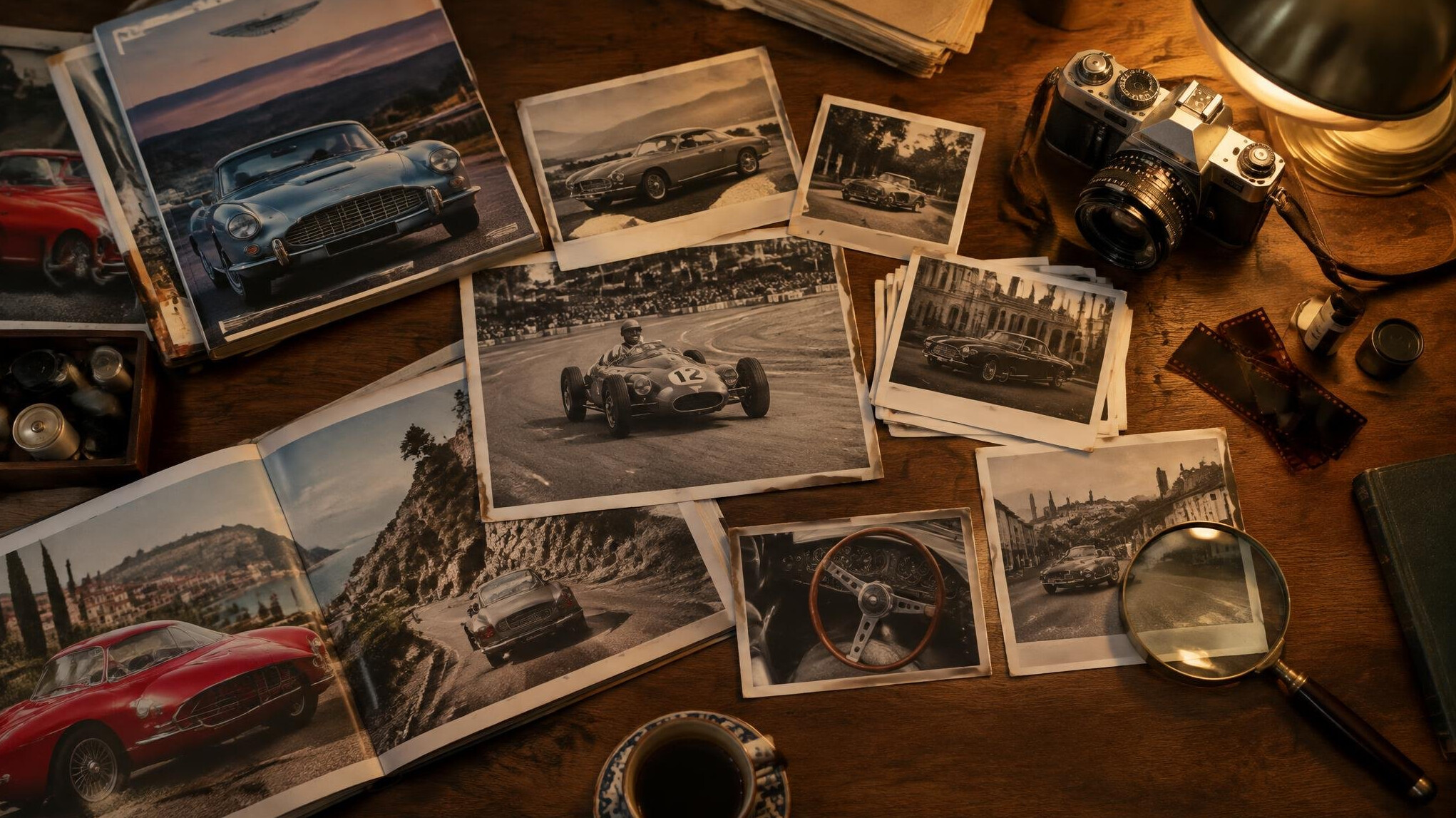 Editorial desk with vintage automobile photographs, magazines and a film camera