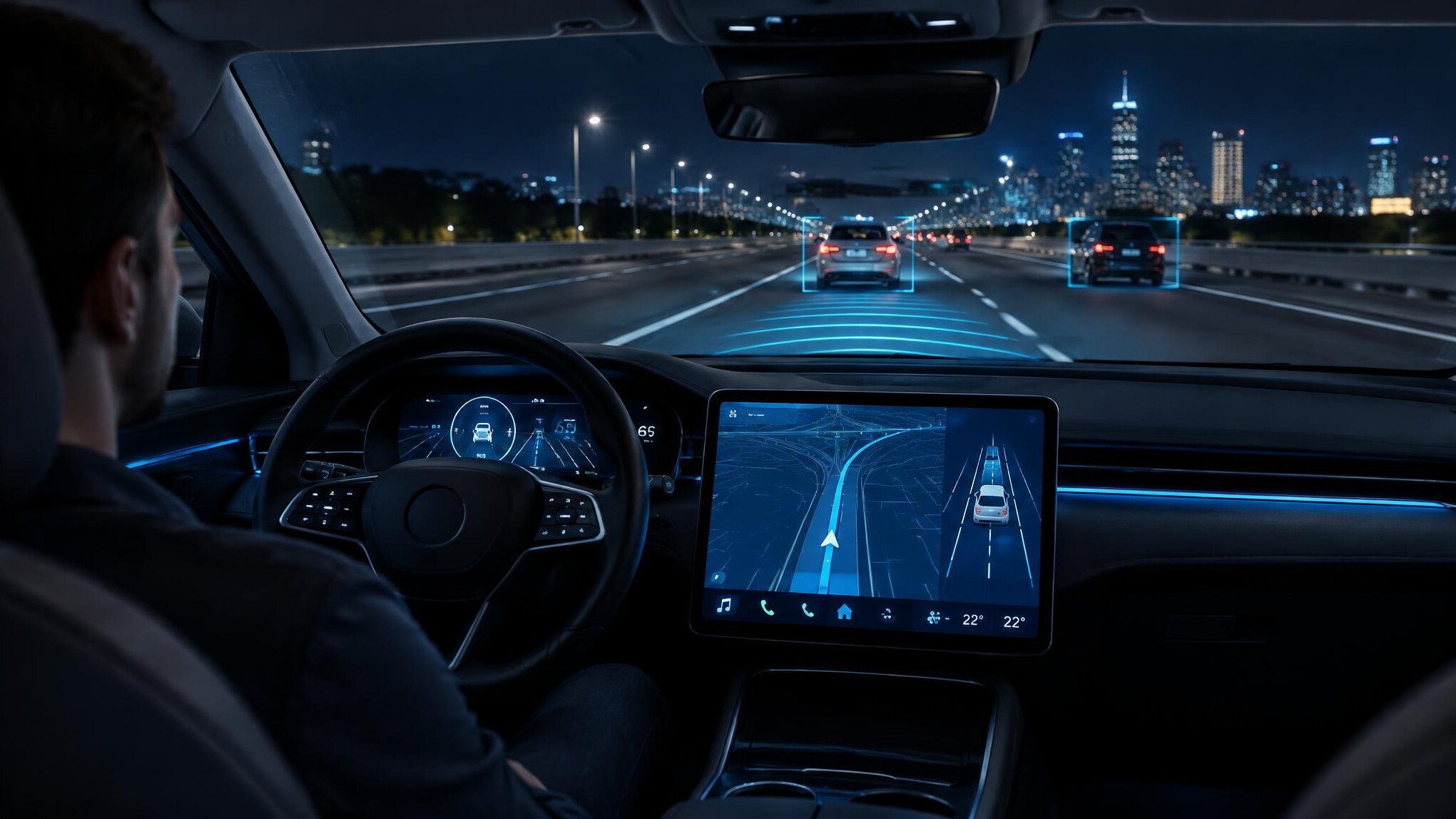 car driving on highway at night