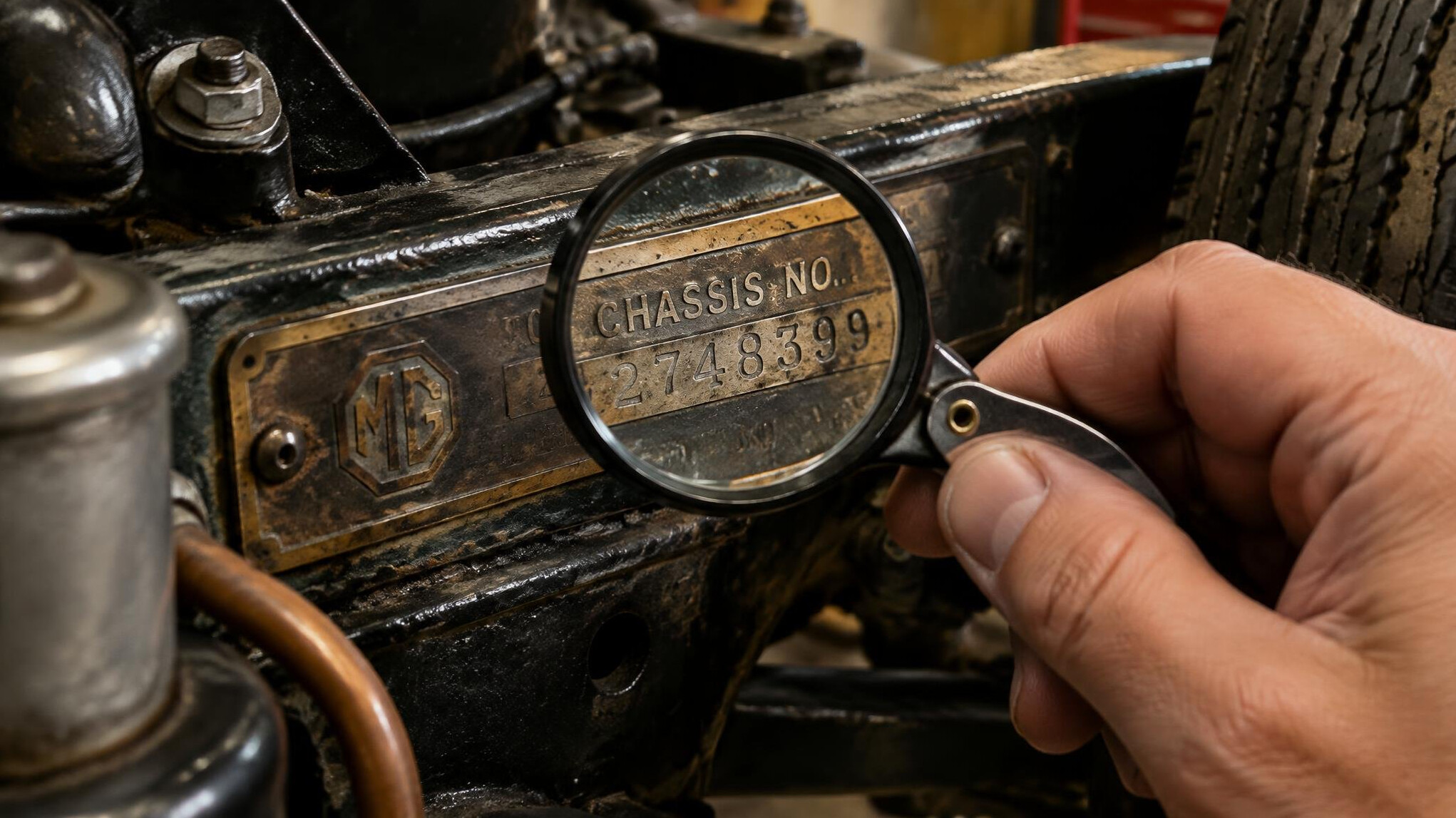 Specialist examining the details of a classic automobile chassis plate
