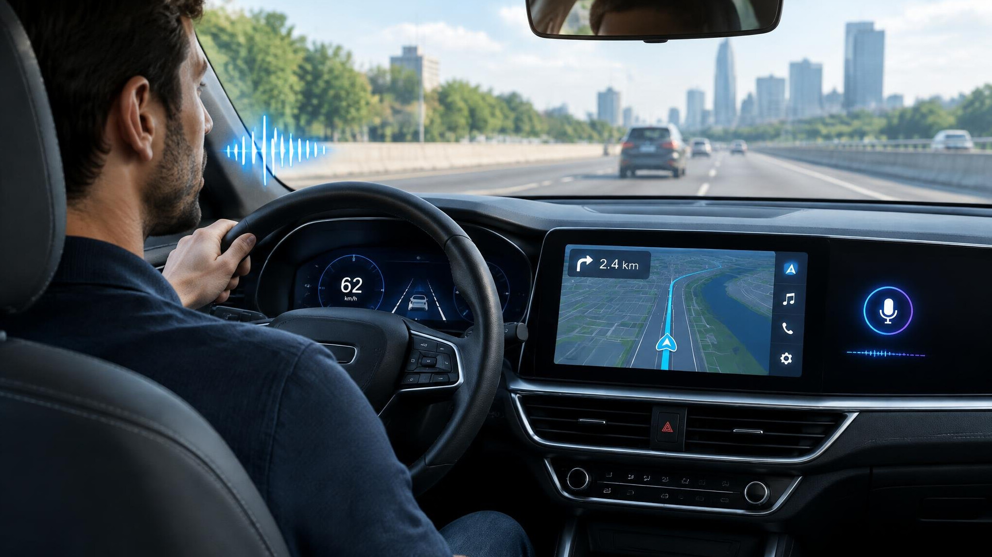 driver using voice assistant in car
