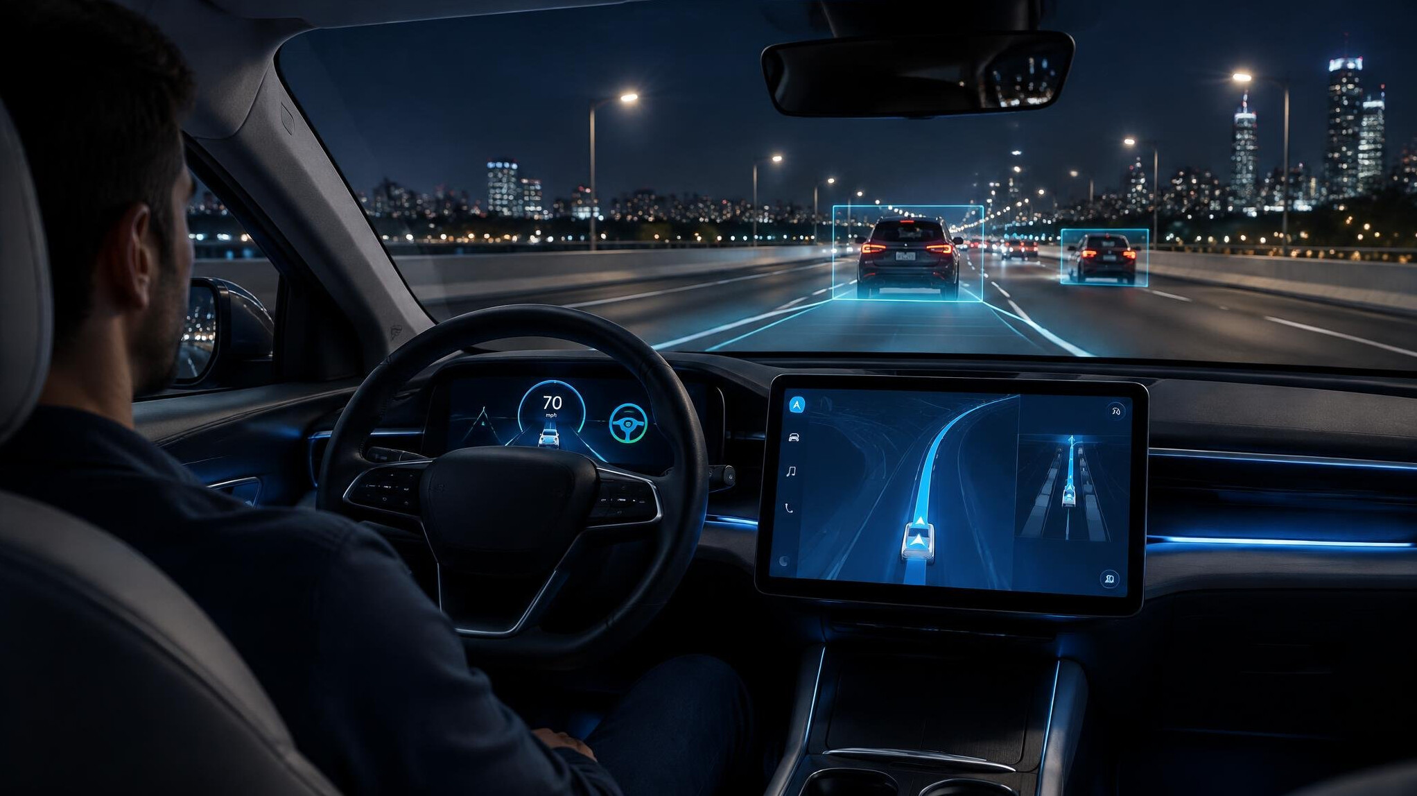 car driving on highway at night
